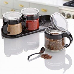 Siyah 3lü Standlı Kapaklı Kaşıklı Cam Hava Sızdırmaz Baharatlık Takımı KC-386 Siyah 3lü Standlı Kapaklı Kaşıklı Cam Hava Sızdırmaz Baharatlık Takımı KC-386