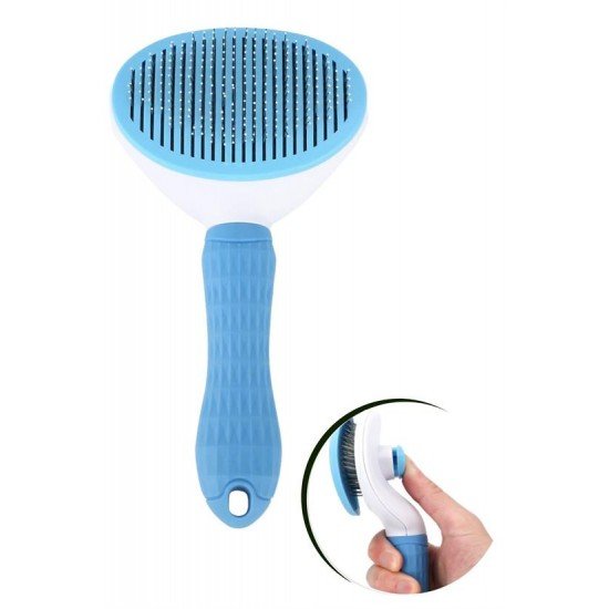 Kedi Köpek Tüy Toplayıcı Kendini Temizleyebilen Ergonomik Saplı Evcil Hayvan Tarağı Mavi 