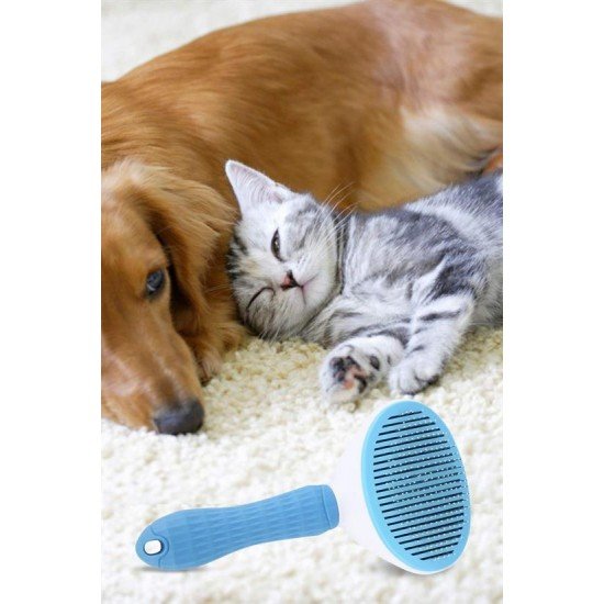 Kedi Köpek Tüy Toplayıcı Kendini Temizleyebilen Ergonomik Saplı Evcil Hayvan Tarağı Mavi 