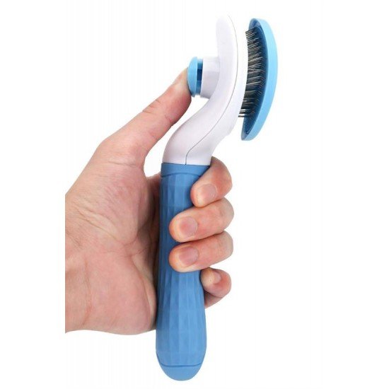 Kedi Köpek Tüy Toplayıcı Kendini Temizleyebilen Ergonomik Saplı Evcil Hayvan Tarağı Mavi 