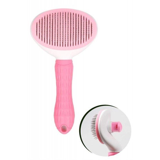 Kedi Köpek Tüy Toplayıcı Kendini Temizleyebilen Ergonomik Saplı Evcil Hayvan Tarağı Pembe