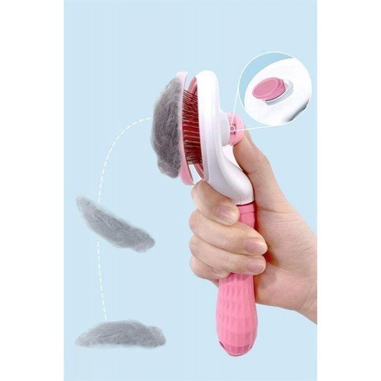 Kedi Köpek Tüy Toplayıcı Kendini Temizleyebilen Ergonomik Saplı Evcil Hayvan Tarağı Pembe