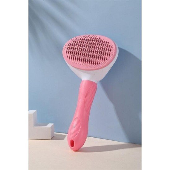 Kedi Köpek Tüy Toplayıcı Kendini Temizleyebilen Ergonomik Saplı Evcil Hayvan Tarağı Pembe