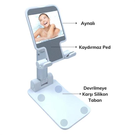 Beyaz Aynalı Cep Telefonu Sabitleyici Stand Katlanabilir Ayarlanabilir Telefon Standı Beyaz Aynalı Cep Telefonu Sabitleyici Stand Katlanabilir Ayarlanabilir Telefon Standı