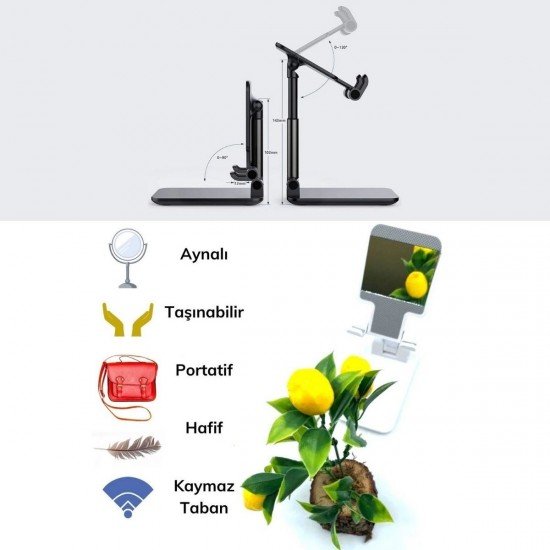 Beyaz Aynalı Cep Telefonu Sabitleyici Stand Katlanabilir Ayarlanabilir Telefon Standı Beyaz Aynalı Cep Telefonu Sabitleyici Stand Katlanabilir Ayarlanabilir Telefon Standı
