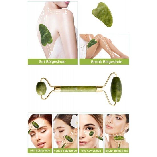 Çift Taraflı 2li Cilt Yüz Masaj Aleti Jade Roller Yeşim  Taşı Seti