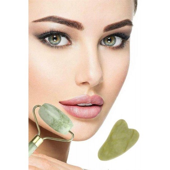 Çift Taraflı 2li Cilt Yüz Masaj Aleti Jade Roller Yeşim  Taşı Seti