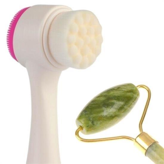 2li Set Çift Taraflı Cilt Temizleme Fırçası ve Yeşim Taşı Çift Taraflı Cilt Masaj Aleti