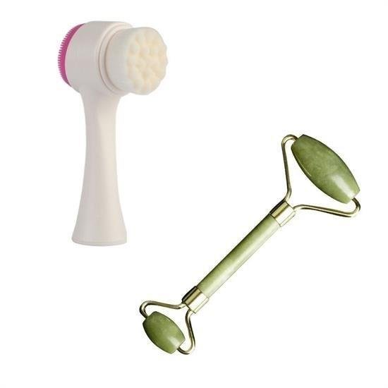2li Set Çift Taraflı Cilt Temizleme Fırçası ve Yeşim Taşı Çift Taraflı Cilt Masaj Aleti