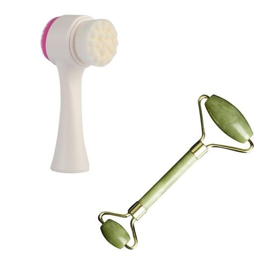 2li Set Çift Taraflı Cilt Temizleme Fırçası ve Yeşim Taşı Çift Taraflı Cilt Masaj Aleti