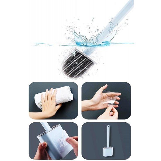 Duvara Monte Edilebilir Kapaklı Askılı Klozet Yumuşak Silikon Başlıklı Tuvalet Fırçası Seti 