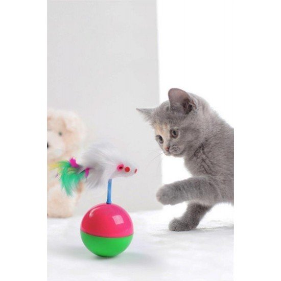 Kedi Oyun Topu Tüylü Fareli Hacı Yatmaz Eğitici Yavru Kedi Fare Kovalama Oyuncağı