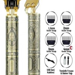 Gold Uçlu Vintage  Şarjlı Traş Makinesi Saç Sakal Ense Çizim Vucüt Kılı Tıraş Makinası 