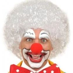 Beyaz Renk Kıvırcık Afro Bonus Peruk Saç ve Kırmızı Sünger Burun Seti