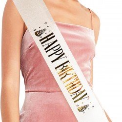 Beyaz Üzeri Altın Büyük Happy Birthday Yazılı Simli Işıltılı Kuşak Kemer 10 cm Genişlik