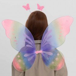 Gökkuşağı Renk Çocuk Kelebek Kanadı Tacı ve Asası Gösteri Kanadı 50x42 cm