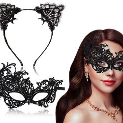 Siyah Renk Dantel Maske ve Dantel Taç Seti Yetişkin Boy No 1 Siyah Renk Dantel Maske ve Dantel Taç Seti Yetişkin Boy No 1
