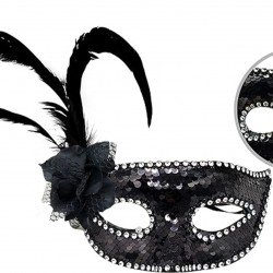 Siyah Renk Yandan Tüylü Güllü Gümüş Taşlı Pullu Maske 20x22 cm Siyah Renk Yandan Tüylü Güllü Gümüş Taşlı Pullu Maske 20x22 cm