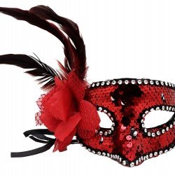Kırmızı Renk Yandan Tüylü Güllü Gümüş Taşlı Pullu Maske 20x22 cm Kırmızı Renk Yandan Tüylü Güllü Gümüş Taşlı Pullu Maske 20x22 cm