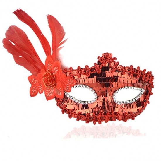 Kırmızı Payetli Pullu Kırmızı Renk Yandan Tüylü Parti Maskesi 18x22 cm