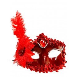 Kırmızı Mat Renk Yandan Tüylü Güllü Parti Balo Venedik Maskesi 16x22 Kırmızı Mat Renk Yandan Tüylü Güllü Parti Balo Venedik Maskesi 16x22
