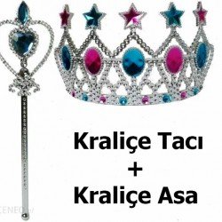 Renkli Yıldız İşlemeli Kraliçe Tacı  15x7 cm ve Kraliçe Asası