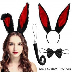 Siyah Kırmızı Renk Peluş Tavşan Kulak Papyon Kuyruk Yetişkin Boy Siyah Kırmızı Renk Peluş Tavşan Kulak Papyon Kuyruk Yetişkin Boy