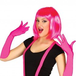 Fuşya Renk Saten Uzun Eldiven ve Küt Parti Peruğu Fuşya Renk Saten Uzun Eldiven ve Küt Parti Peruğu