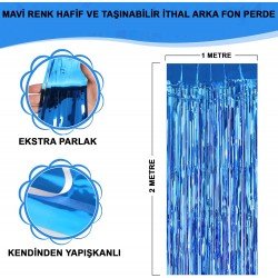 Mavi Renk Ekstra Metalize Parlak Saçaklı Arka Fon Perde İthal A Kalite 1x2 Metre Mavi Renk Ekstra Metalize Parlak Saçaklı Arka Fon Perde İthal A Kalite 1x2 Metre