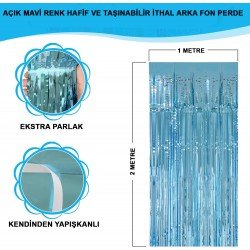 Açık Mavi Renk Ekstra Metalize Parlak Saçaklı Arka Fon Perde İthal A Kalite 1x2 Metre Açık Mavi Renk Ekstra Metalize Parlak Saçaklı Arka Fon Perde İthal A Kalite 1x2 Metre