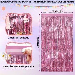 Rose Gold Renk Ekstra Metalize Parlak Saçaklı Arka Fon Perde İthal A Kalite 1x2 Metre Rose Gold Renk Ekstra Metalize Parlak Saçaklı Arka Fon Perde İthal A Kalite 1x2 Metre