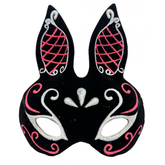 Siyah Renk Kırmızı Beyaz Simli Siyah Süet Kaplama Tavşan Maskesi 18x16 cm