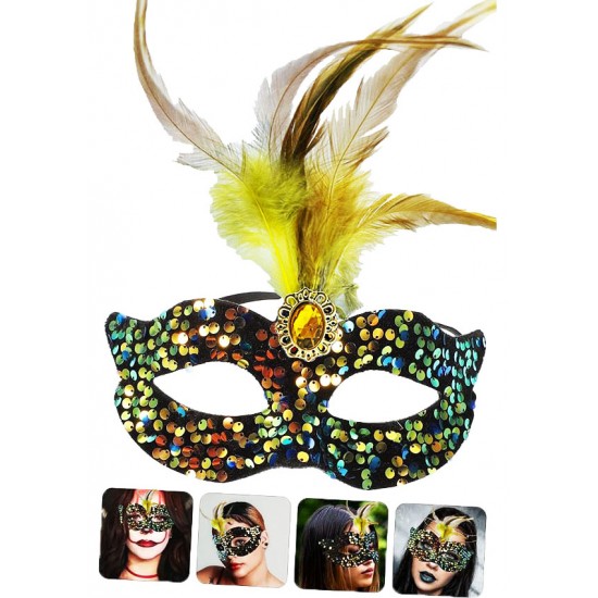 Siyah Kadife Üzeri Rengarenk Payetli Pullu Sarı Tüylü Sarı Taşlı Parti Maskesi 19x21 cm