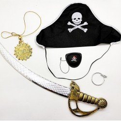 Kaptan Korsan Şapkası Kılıcı Göz Bandı Küpe ve Korsan Madalyonu 5 Parçalık Kostüm Seti Kaptan Korsan Şapkası Kılıcı Göz Bandı Küpe ve Korsan Madalyonu 5 Parçalık Kostüm Seti