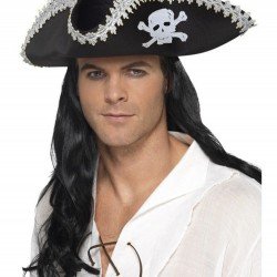 Yetişkin Siyah Denizci Korsan Şapkası Kenarları Gümüş İşlemeli  Yetişkin Siyah Denizci Korsan Şapkası Kenarları Gümüş İşlemeli