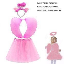 Çocuk Peri Kostümü Pembe - Peri Kanadı Eteği Işıklı Tacı 3 Parça Kostüm Set Çocuk Peri Kostümü Pembe - Peri Kanadı Eteği Işıklı Tacı 3 Parça Kostüm Set