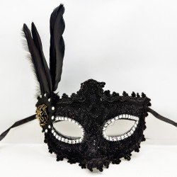 Siyah Renk Tüylü Dantelli Gözleri Taşlı Balo Parti Maskesi Siyah Renk Tüylü Dantelli Gözleri Taşlı Balo Parti Maskesi