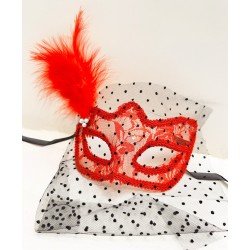 Kırmızı Renk Dantelli Duvaklı İncili Parti Maskesi Balo Kırmızı Renk Dantelli Duvaklı İncili Parti Maskesi Balo