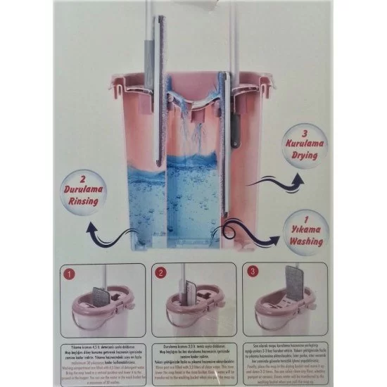 3 Bölmeli Kovalı Portatif Saplı Mikrofiber Bezli Tablet Mop Spin Temizlik Seti 14 Lt