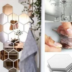 12 Adet Orta Boy Yapışkanlı Dekoratif Akrilik Ayna Altıgen