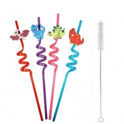 5 Parça Renkli Pipet Seti - Emojili Spiral Kokteyl- Çocuk Pipeti Temizleme Fırçalı