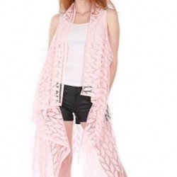 Pareo Dantel Yelek Mayo Bikini Üzeri Yaprak Desenli Püsküllü Plaj Elbisesi - Açık Pembe